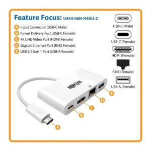 Adaptador  TRP  USB-C a HDMI con Hub USB-A Gigabit Ethernet - U444-06N-